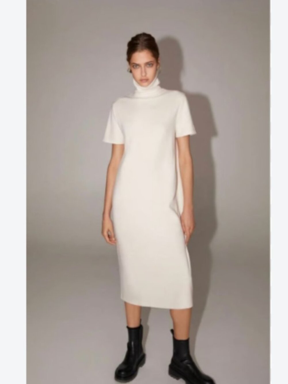 Zara Ecru Ribbed Short Sleeve Turtleneck Midi Shift Dress size Small